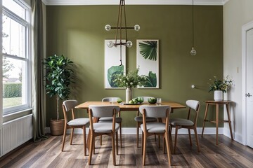 Chic Olive Green Accent Wall in Contemporary Dining Space with Laminate Flooring