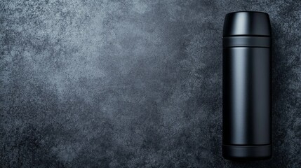 Fototapeta premium Sleek Black Thermos on Textured Dark Gray Surface with Subtle Reflections