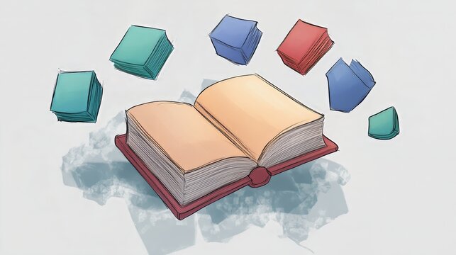Open book with flying colorful pages in an artistic semi-realistic style on light background