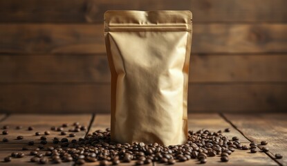 Premium Gold Coffee Bag on Rustic Wooden Background with Coffee Beans