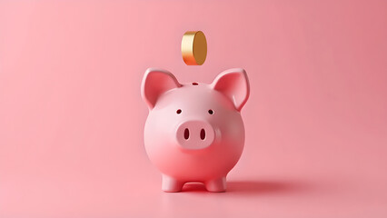 3D Piggy Bank and Golden Coin on Pink Background: Saving Money Concept for Financial Planning
