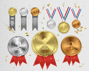Realistic award medal set with gold, silver, and bronze prizes, podiums, ribbons, and confetti for victory, competition, and championship design.
