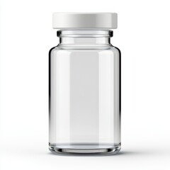 Detailed view of clear glass vial with liquid in a laboratory setting - product photography
