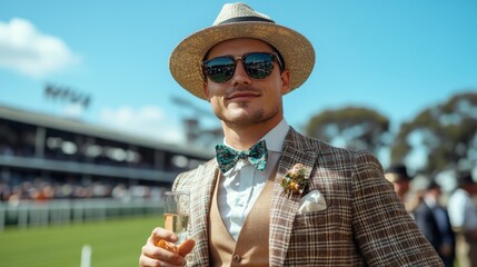 A well-dressed gentleman an Old Money style suit stands at a racecourse during a spring horse racing event. Elegance and aristocrac