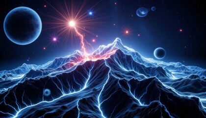 Futuristic landscape depicting advanced quantum calculations in space, innovation