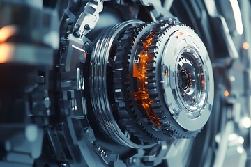 A high-tech visualization of a detailed gear assembly in motion.