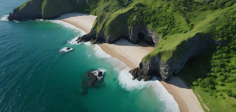 Aerial View of Secluded Beach with Cliffs and Turquoise Water