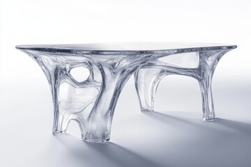 A modern clear acrylic coffee table with an organic sculptural base on a white seamless background studio shot