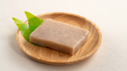Raw konjac in square shape, also named konnyaku in Japan.