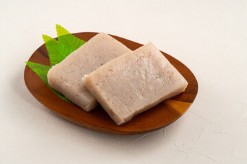 Raw konjac in square shape, also named konnyaku in Japan.
