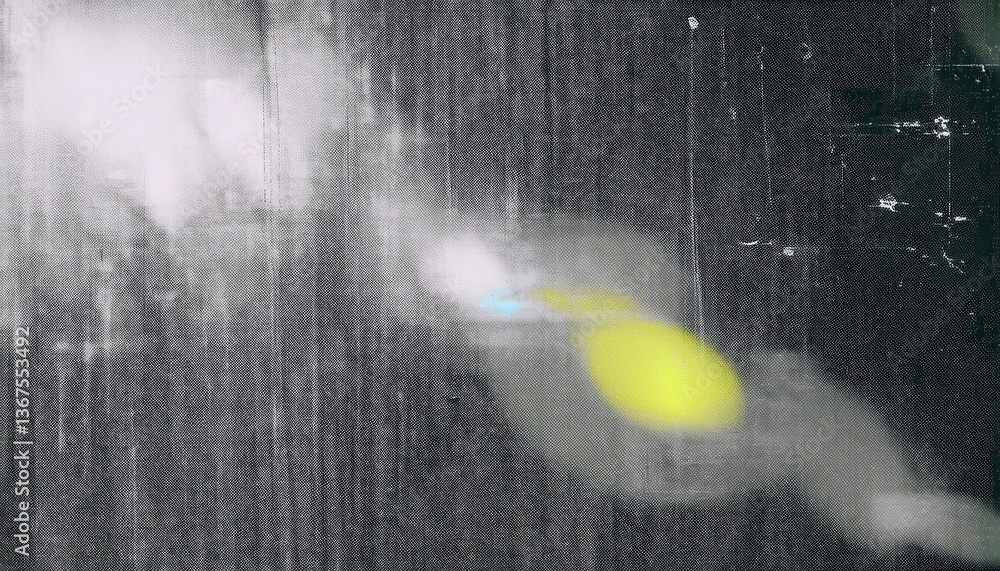 Poster monochrome abstract motion blur with yellow highlight, dynamic streaks of light on dark grainy textu
