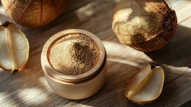 A close-up of finely ground baobab powder in a wooden container, surrounded by baobab fruit and seeds. The warm, natural lighting highlights the earthy texture and organic appeal