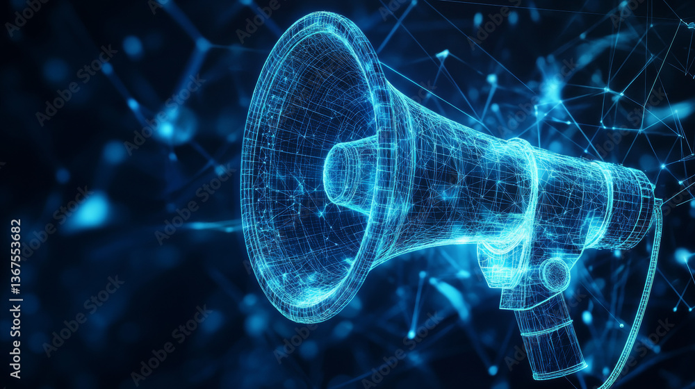 Poster megaphone hologram. megaphone of polygons, triangles of points and lines. the loudspeaker is a low-p