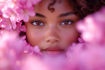 Stunning black young woman surrounded by cherry blossoms. Spring mood, golden hour in sunset. Commercial ad concept art. Woman with cherry blossoms in colorful garden.