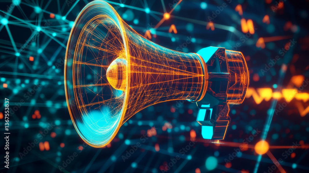Poster megaphone hologram. megaphone of polygons, triangles of points and lines. the loudspeaker is a low-p