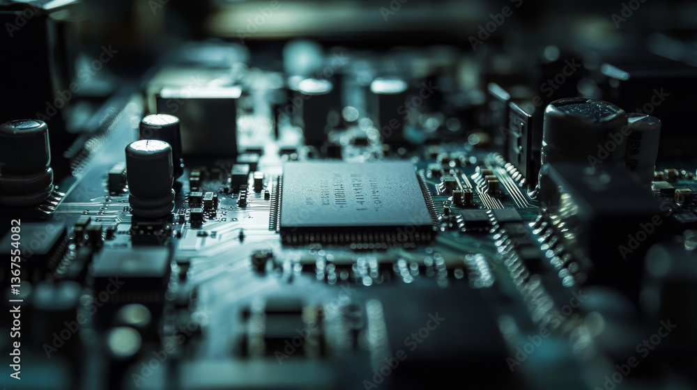Poster shot of generic printed circuit board with microchips and other components during production process