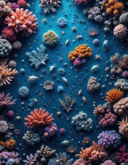 Obraz premium Top view of a coral reef with lots of colorful corals and small fish. The vibrant coral colors and deep blue background create a spectacular underwater landscape.