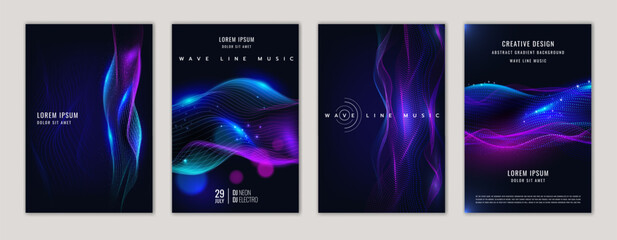 Background AI pattern abstract wave. Line from dot digital. Graphic and blue purple on black gradient creative backdrop. Gradient tech, data in geometric network future vector design poster collection