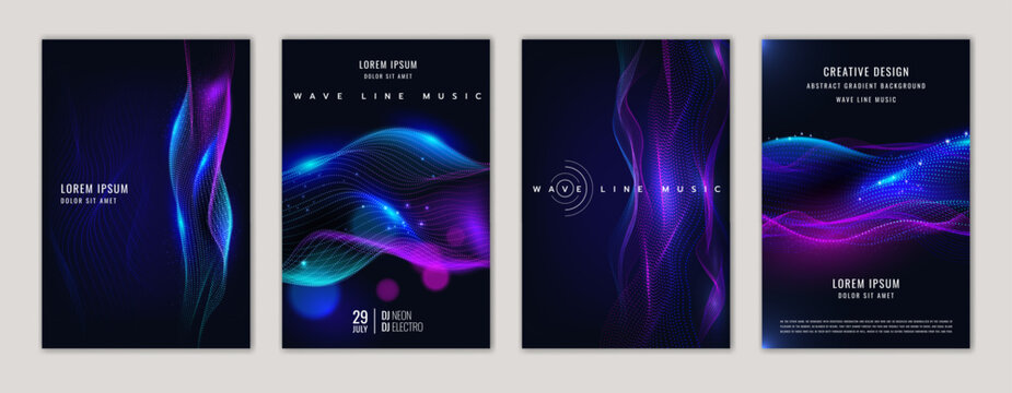 Background AI pattern abstract wave. Line from dot digital. Graphic and blue purple on black gradient creative backdrop. Gradient tech, data in geometric network future vector design poster collection