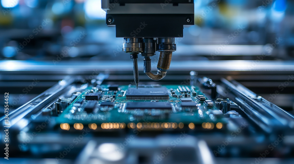 Poster printed circuit board with advanced processing unit inside component installation machine. top view.
