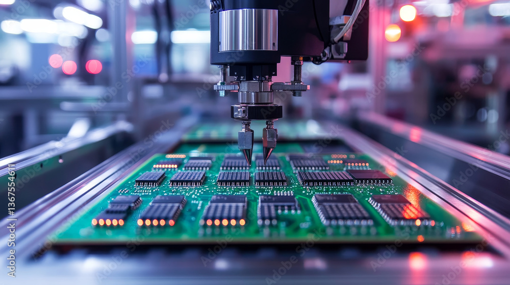 Poster silicon dies are being attached to substrate by pick and place machine on semiconductor factory. com