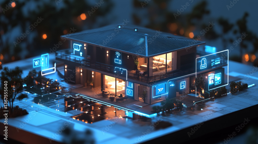 Poster 3d blueprint plan of smart home with icons iot devices. smart home conceptual banner. building house