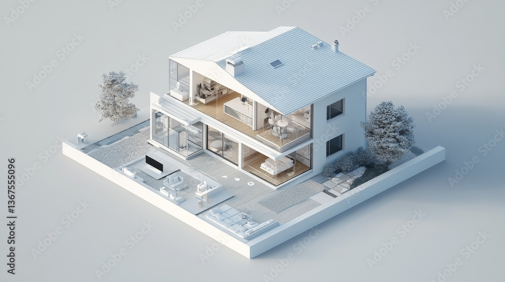 Poster 3d blueprint plan of smart home with icons iot devices. smart home conceptual banner. building house
