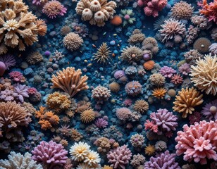 Fototapeta premium Top view of a coral reef with lots of colorful corals and small fish. The vibrant coral colors and deep blue background create a spectacular underwater landscape.