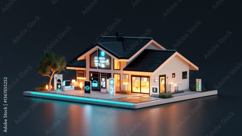 Poster 3d blueprint plan of smart home with icons iot devices. smart home conceptual banner. building house