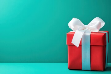 A vibrant red gift box adorned with a white ribbon set against a serene teal colored backdrop image