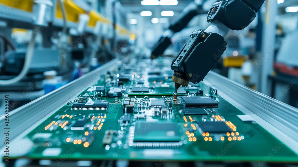 Poster component installation and quality control of circuit board. fully automated pcb assembly line equip