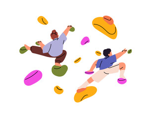 Happy kids are bouldering back view. Children training on climbing wall, artificial mountain. Sports friends are mountaineering in gym together. Flat isolated vector illustration on white background © Paper Trident