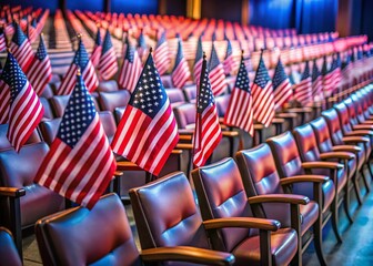 Empty Auditorium Chairs Decorated with American Flags - Patriotism Stock Photo