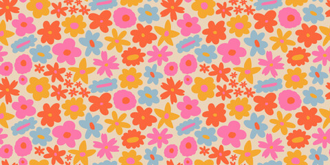 Summer meadow seamless floral pattern. Cute colorful background with doodle flowers