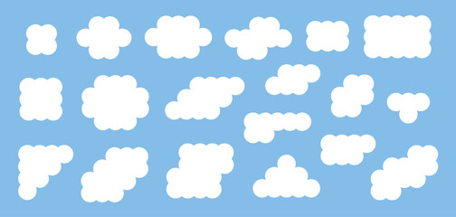 Trendy geometric cloud icon collection. White fluffy and puffy clouds in blue sky. Simple cloudy shapes set