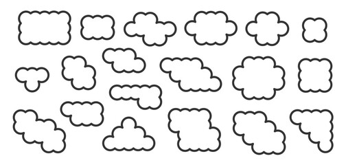 Trendy geometric cloud icon collection. Outline fluffy and puffy clouds. Simple cloudy shapes set