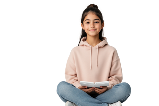 Mädchen mit Buch und Tablet beim Lernen PNG mit transparentem Hintergrund

