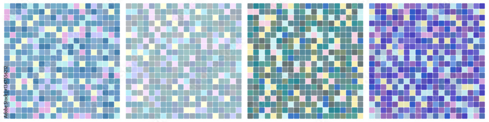 Poster 3d square tile mosaic pattern set. trendy multicolored iridescent gradient wall.