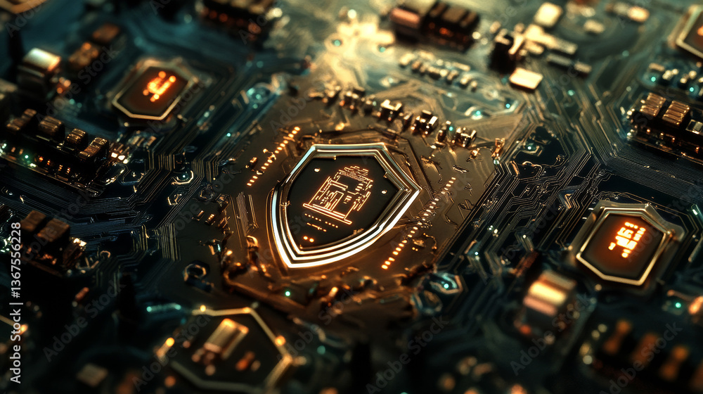 Poster abstract technology circuit board background with shield symbols concept of data protection and cybe