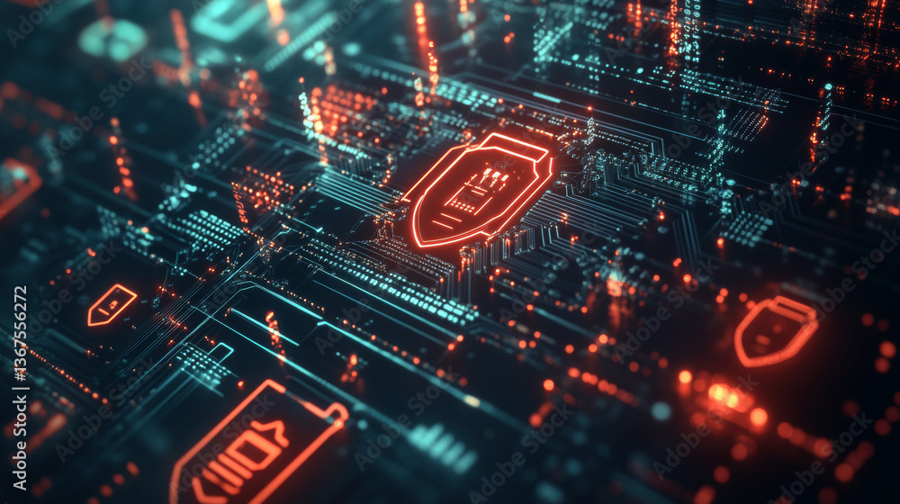 Poster abstract technology circuit board background with shield symbols concept of data protection and cybe