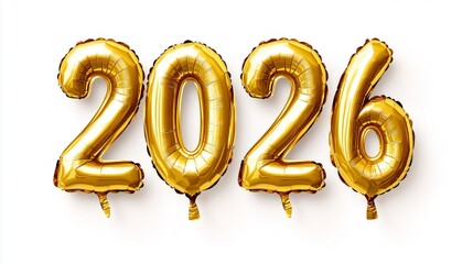 Golden balloons forming 2026 new year celebration on white background