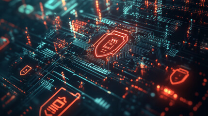 Abstract technology circuit board background with shield symbols concept of data protection and cyber privacy. modern security technology innovation concept background