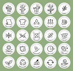 Set icons for bamboo fabric, clothing. This icons shows main benefits of bamboo materials. Vector elements are good for different backgrounds, well scalable and editable. EPS10.