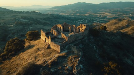 Fototapeta premium Aerial view of an ancient stone fortress ruins on a hill at sunset scenery