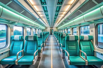 Obraz premium Empty Modern Train Cabin Interior: Blue-Green Seats, Wide Aisle, Corridor View