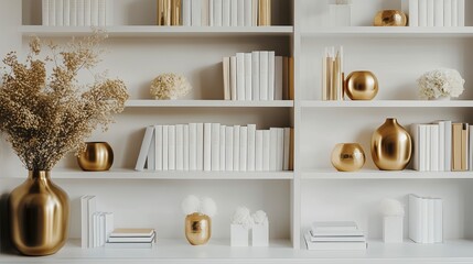 Elegant Bookshelf with Gold Accents and Neutral Tones  ,Modern Interior, Minimalis. Zoom Virtual Background. Virtual Meeting. Cozy Interior Backdrop, Stylish Living Room Design. Contemporary Spaces