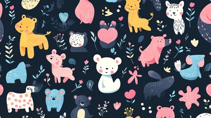 Abstract doodles. Baby animals pattern. Fabric pattern