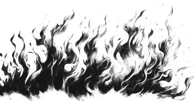 Fire in hand engraving vector illustration. Scratch board style imitation. Black and white hand drawn image.