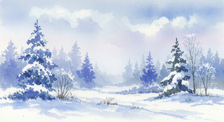 Fototapeta premium Christmas watercolor background, Winter watercolor painted landscape. Christmas card background frame