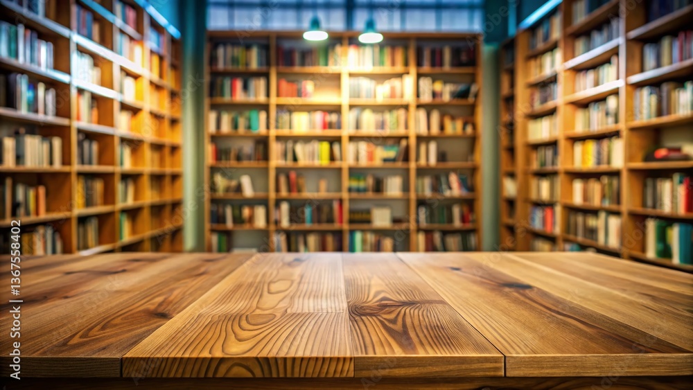 Poster empty wooden table mockup: modern library background for product display